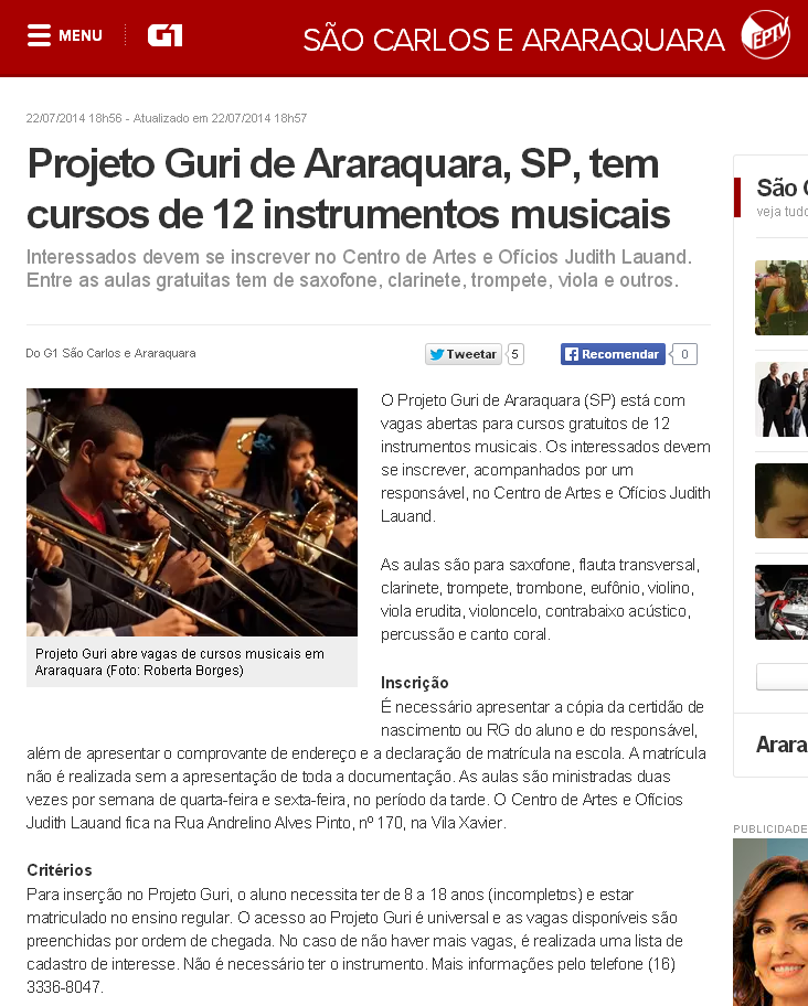 G1   Projeto Guri de Araraquara  SP  tem cursos de 12 instrumentos musicais   notícias em São Carlos e Região