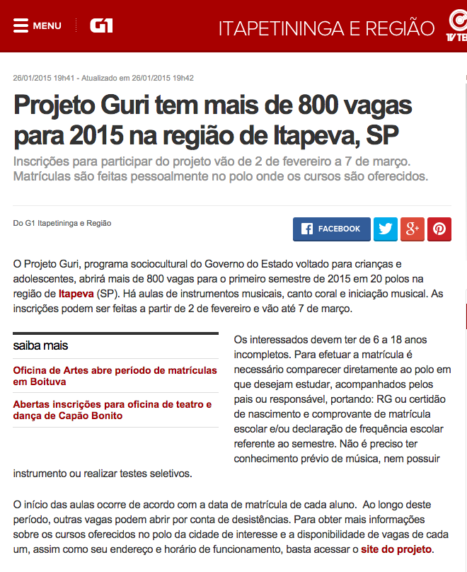 G1 - Projeto Guri tem mais de 800 vagas para 2015 na região de Itapeva, SP - notícias em Itapetininga e Região