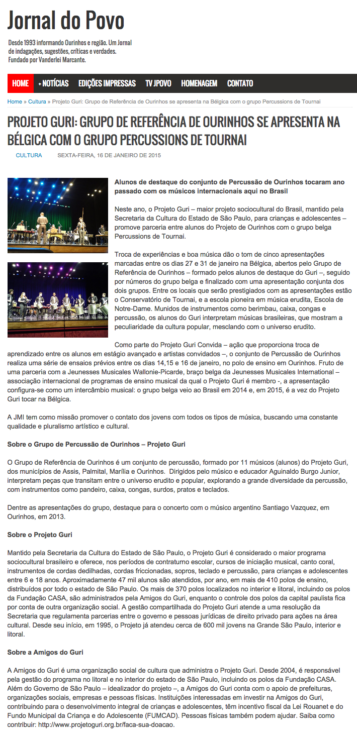 Projeto Guri  Grupo de Referência de Ourinhos se apresenta na Bélgica com o grupo Percussions de Tournai   Jornal do Povo