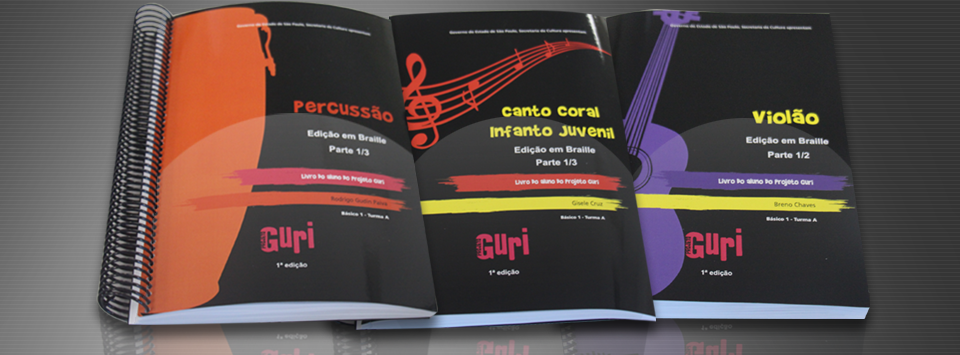 Imagem das capas dos livros didáticos de violão, canto coral e percussão do Projeto Guri