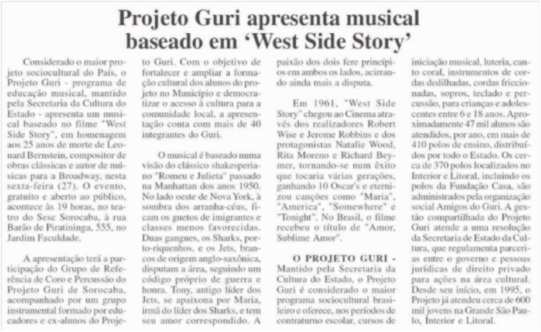 Projeto Guri apresenta musical baseado em west side story